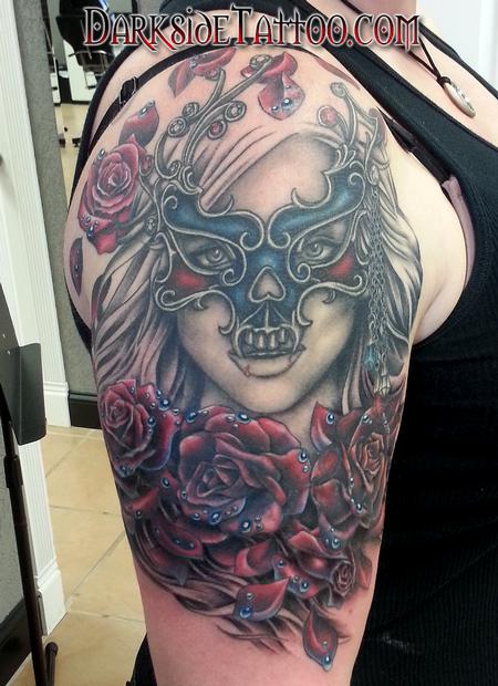 Tattoos - Color Roses and Mask Tattoo - 98896