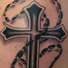 Tattoos - Black and Gray Cross and Rosary Tattoo - 133936