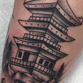 Tattoos - Black and Gray Oriental House Tattoo - 133942