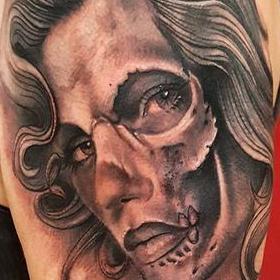 Tattoos - Black and Gray Skull Face Tattoo - 130050