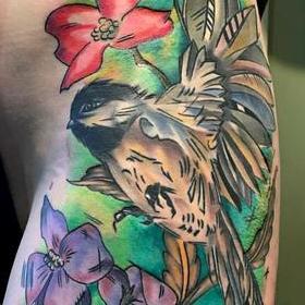 Tattoos - Color Watercolor Bird and Flowers - 120349