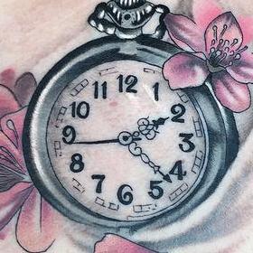 Tattoos - Color Clock and Cherry Blossom Tattoo - 130046