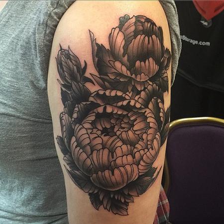 Tattoos - Black and Grey Peony Half Sleeve Tattoo - 100973