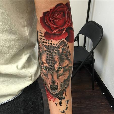 Tattoos - Trash Polka Style Wolf and Rose Tattoo - 102016