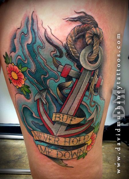 Tattoos - Colorful Anchor Thigh Tattoo - 91156