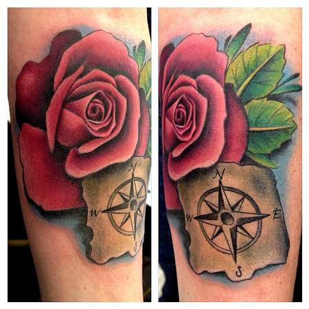 Tattoos - Pink Rose and Compass Forearm Tattoo - 73782