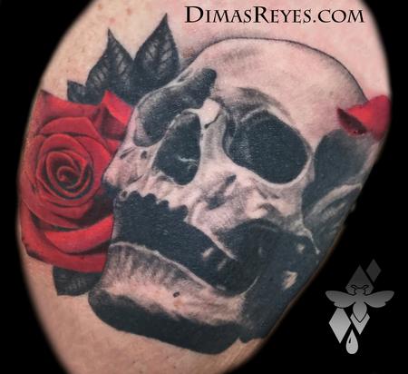 Tattoos - Black and grey skull with rose tattoo - 138864