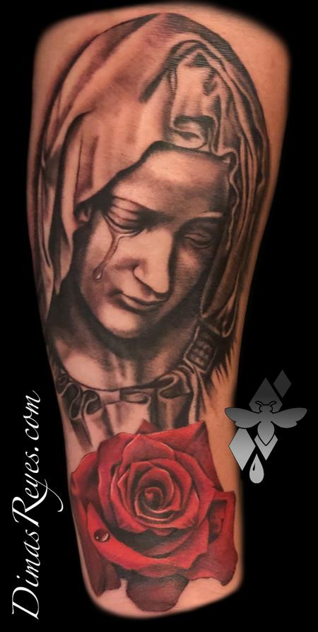 Tattoos - Black and Grey Virgin Mary with Rose tattoo - 138863