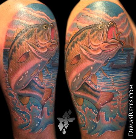 Tattoos - Color Realistic Bass Fishing Tattoo - 100732
