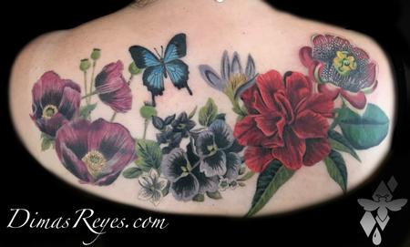 Tattoos - Realistic Color Butterfly and Flowers Tattoo - 138947