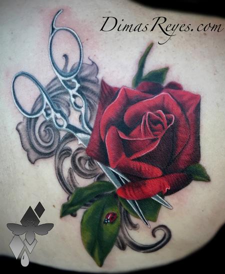 Tattoos - Realistic Color Rose Shears and Ladybug with Filligree - 133813
