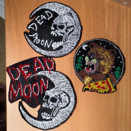 Haley Adams - hand made patches, dead moon and bear eating pizza