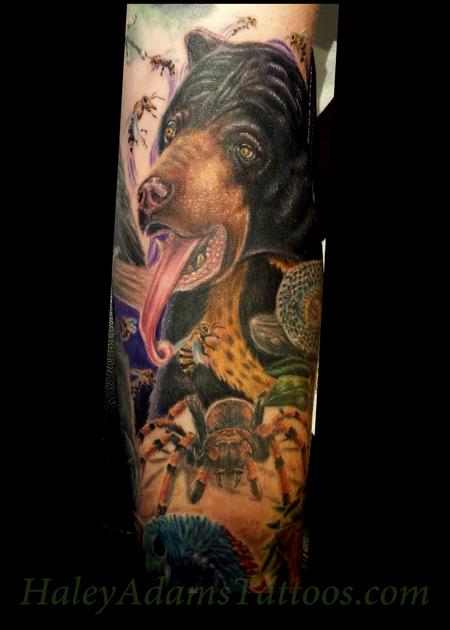 Haley Adams - sun bear and tarantula tattoo