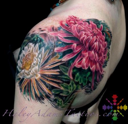 Tattoos - flowers on shoulder and upper arm view 2 - 117104