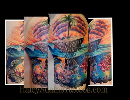 Haley Adams - island and mutant fish tattoo