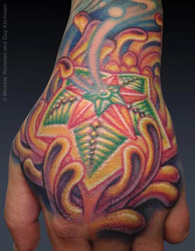 Guy Aitchison Michele Wortman collaborative hand tattoo