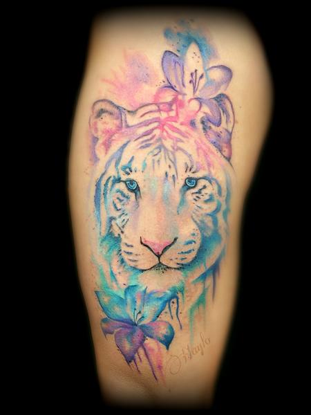Tattoos - Watercolor style Tiger face with lilies - 119722