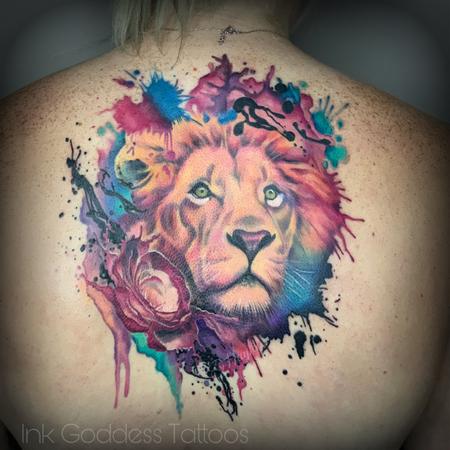 Tattoos - Watercolor and Realism integrated Lion and Rose back piece - 140539