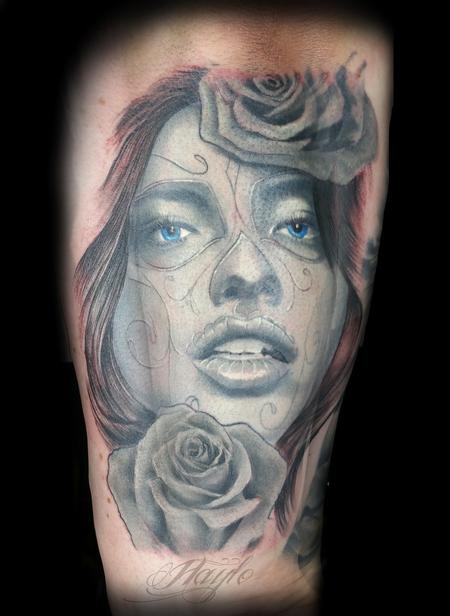 Tattoos - Black and gray Day of the Dead girl with roses - 119724