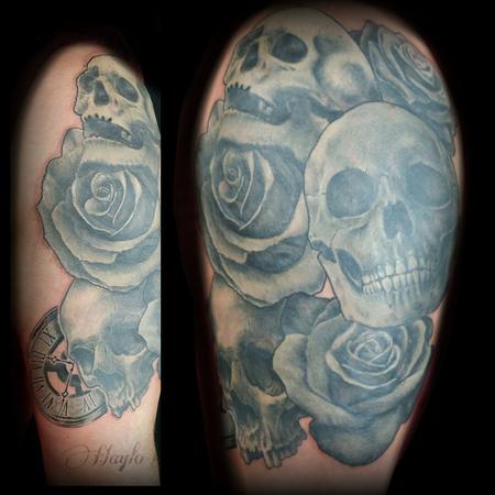 Tattoos - Skull and roses black and gray tattoo  - 141080