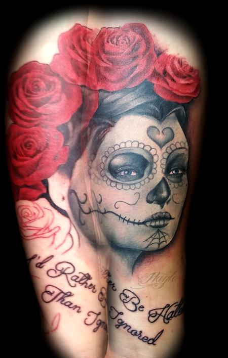 Tattoos - Day of the Dead girl with red roses and script - 119718
