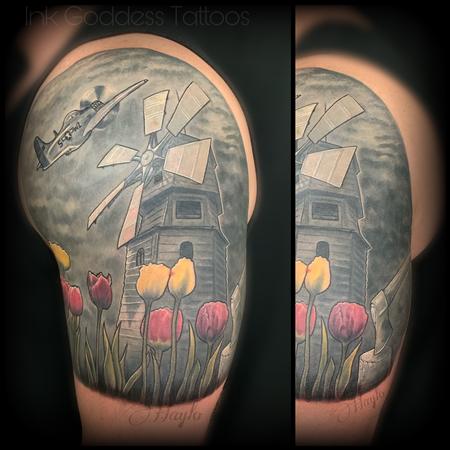 Tattoos - Holland, tulips, war plane, Windmill, custom half sleeve - 138848