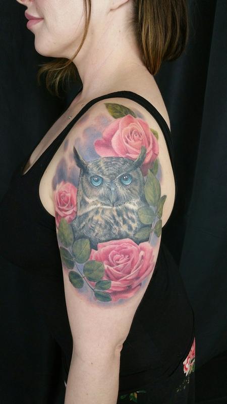 Tattoos - Great horned owl and roses tattoo - 141108