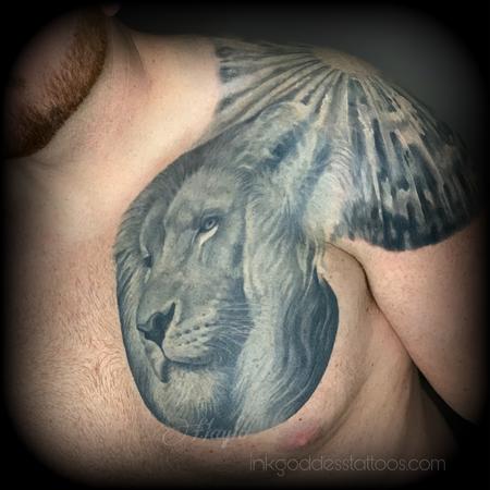 Tattoos - Lion realistic realism chest and back tattoo - 140886