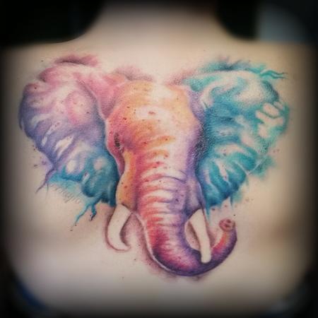 Tattoos - Watercolor Style Elephant Back piece - 126546