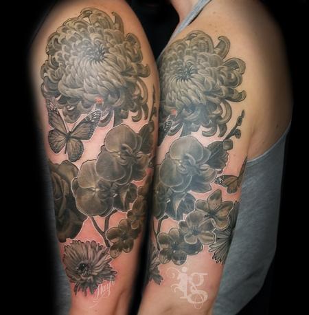 Tattoos - Floral black and gray half sleeve tattoo by Haylo - 141614