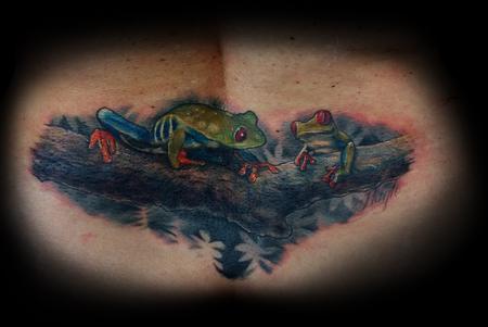 Tattoos - Cover up of old tribal tattoo with Tree Frogs on limb - 133023