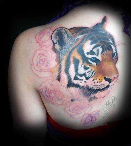 Tattoos - Progress shot of Realistic tiger with blue eyes and red roses - 109932