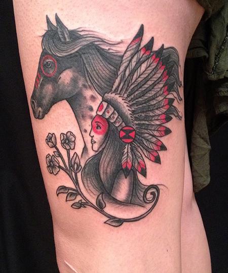 Tattoos - Native American Girl with Horse Tattoo - 85949