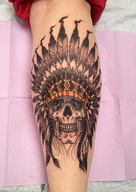 Tattoos - Native American Skull and Headdress Tattoo - 85950