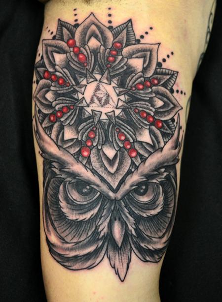 Tattoos - Black and Grey Owl Mandala Tattoo - 62616