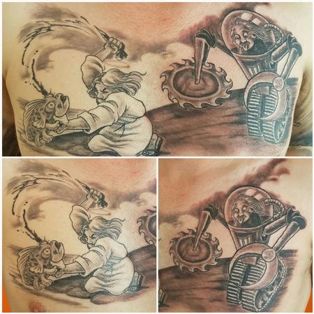 Tattoos - Religion vs Science Black and Gray Chest Tattoo - 123236