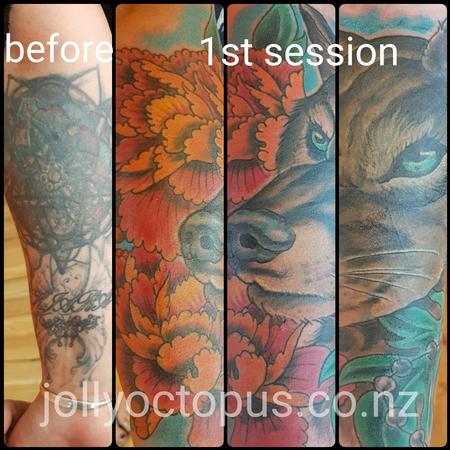 Tattoos - Wolf and Peonies Coverup Tattoo - 126008