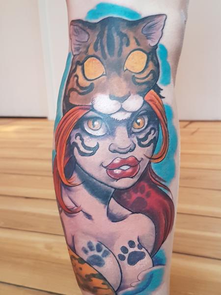 Tattoos - Cat Head Warrior Woman Pinup Tattoo - 127691