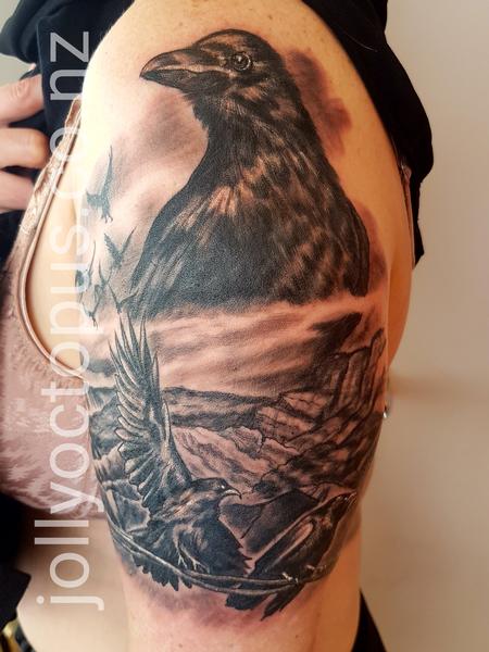 Tattoos - Black and Gray Crow Tattoo - 131828