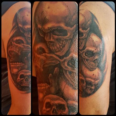 Tattoos - Black and Gray Skull Half-Sleeve Tattoo - 132096