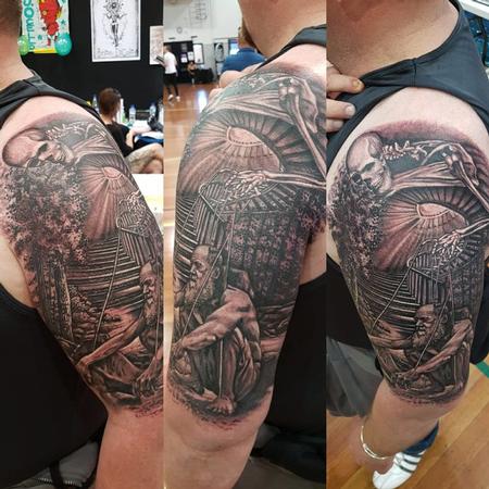 Tattoos - Death and Darwin Black and Gray Half Sleeve Tattoo - 133578