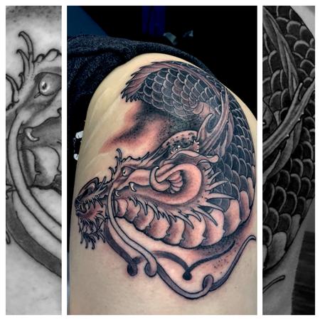 Kevin Bledsoe - Japanese Dragon Head leg tattoo