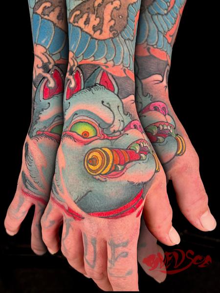 Kevin Bledsoe - Inari Japanese fox hand tattoo 