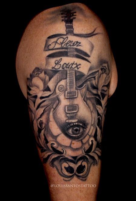 Tattoos - Black and Grey Guitar and Flowers - 140932