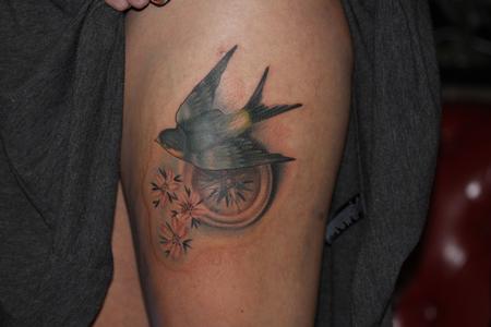 Tattoos - Realistic Swallow, with Compass and Cherry Blossoms - 140934