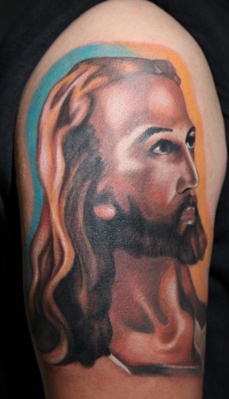 Tattoos - colored portrait of jesus tattoo - 64294