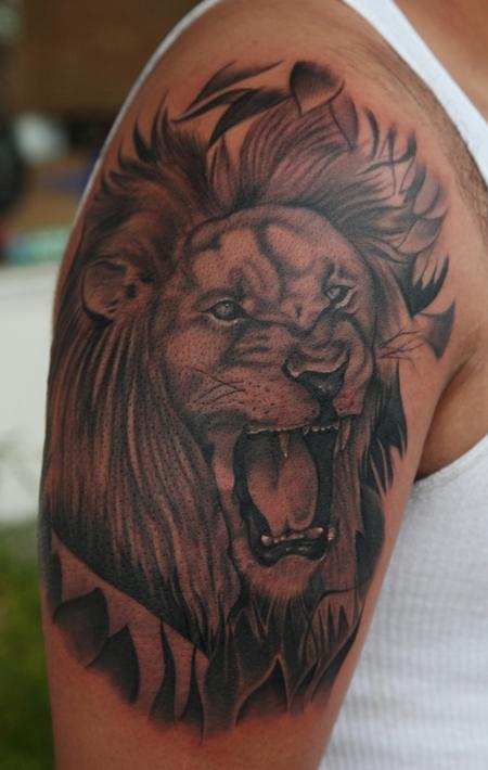 Tattoos - realistic black and gray portrait of a lion - 64295