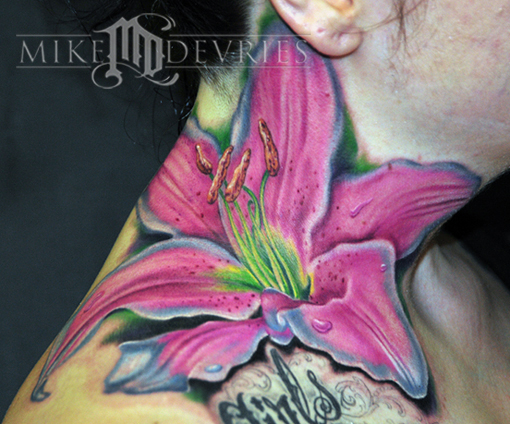 Lily neck by Mike DeVries : Tattoos