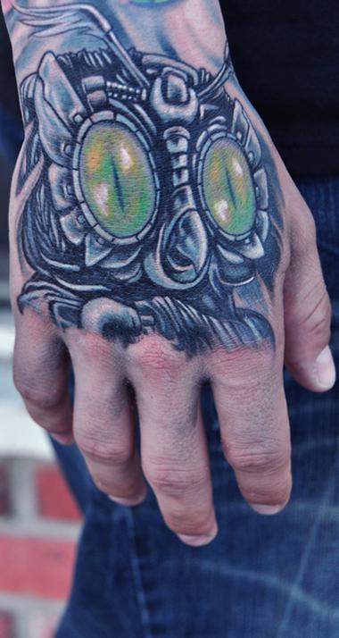 Mike DeVries : Tattoos : Body Part Hand : Mechanical Owl Tattoo