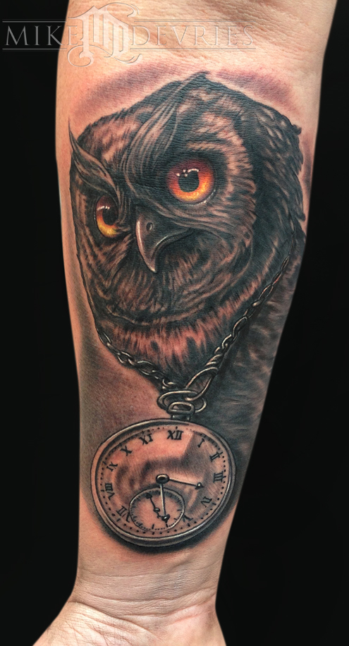 Owl and Clock Tattoo by Mike DeVries : Tattoos